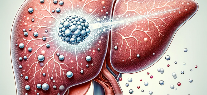 conceptual and educational illustration showing the embolization of a hepatic hemangioma. The image features a stylized liver with a clear depiction